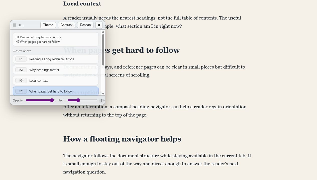 Show Headers floating over an article page and listing nearby headings.