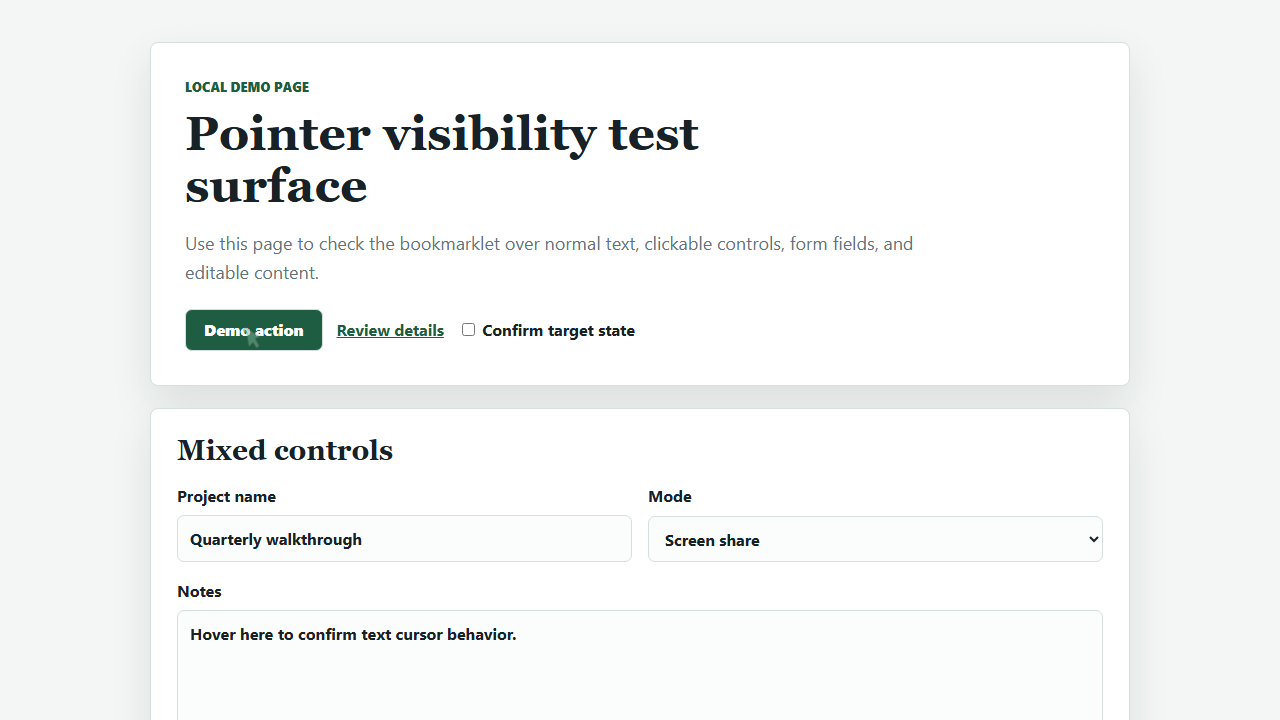 Highlight Mouse Pointer running on a local demo page over a button.