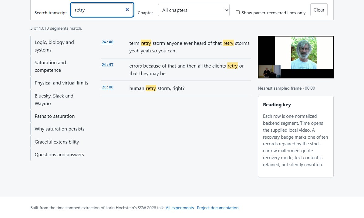 Transcript navigator filtered to segments containing retry