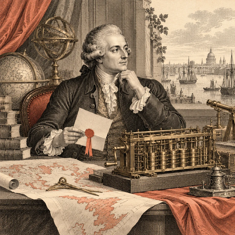 A Georgian title page with an attentive mechanical scholar presenting a sealed letter beside a brass calculating engine.