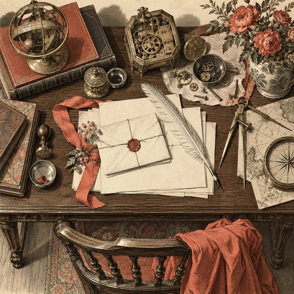A Georgian writing desk arranged with correspondence, scientific instruments and craft tools.