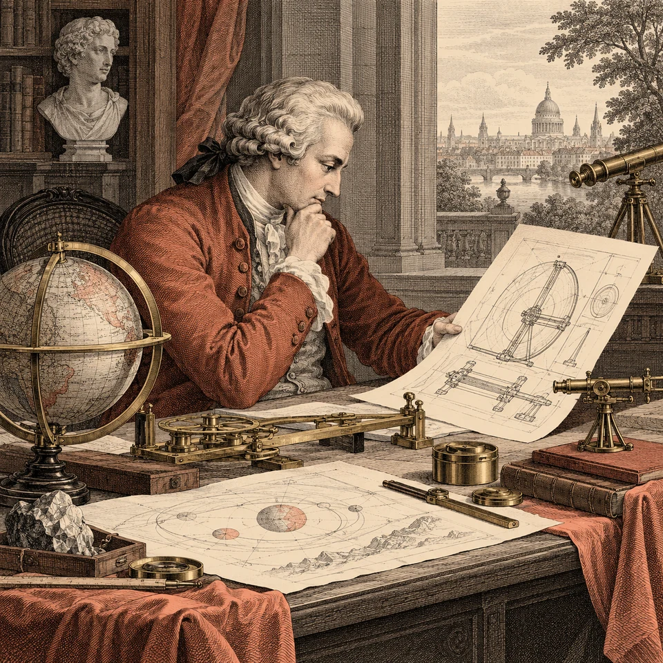 An engraved scholar compares a modern technical diagram with measured evidence.