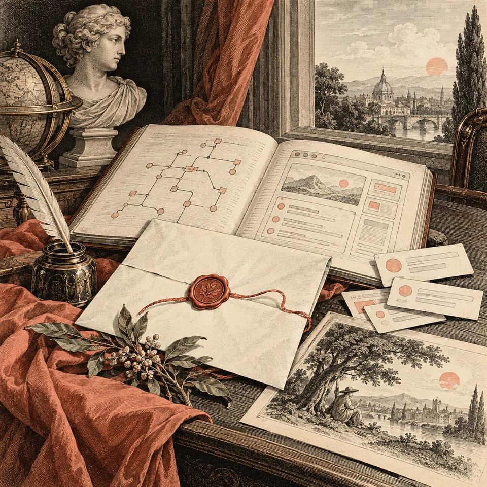 A single letter is opened across books, code papers, interface sketches and illustrations.