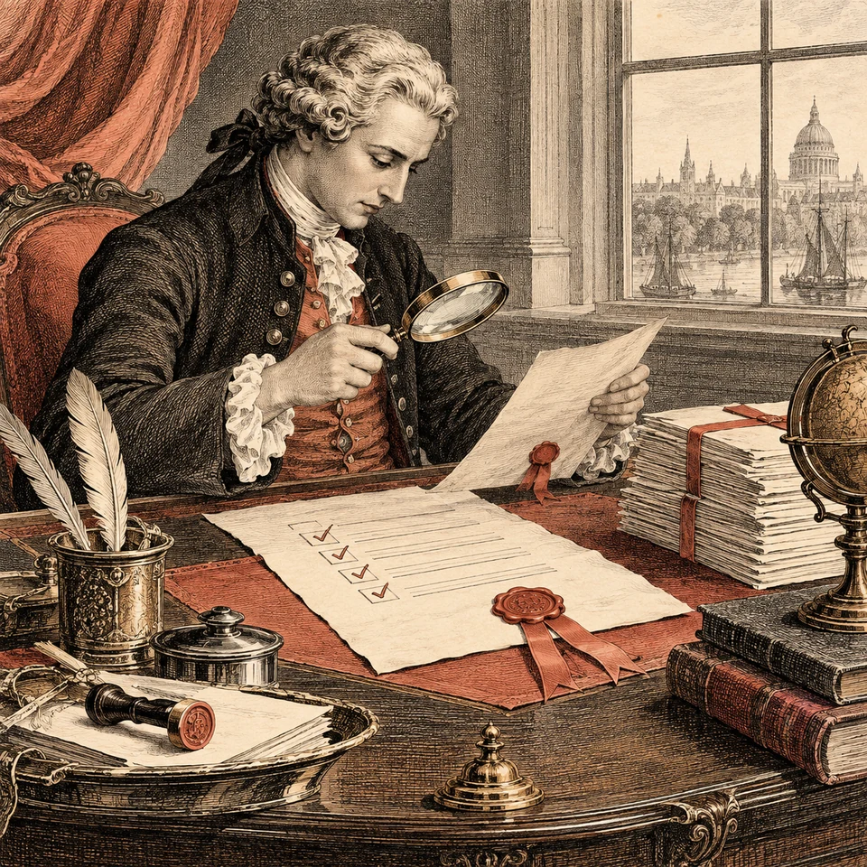 A careful clerk checks a signed commission against a set of project specifications.