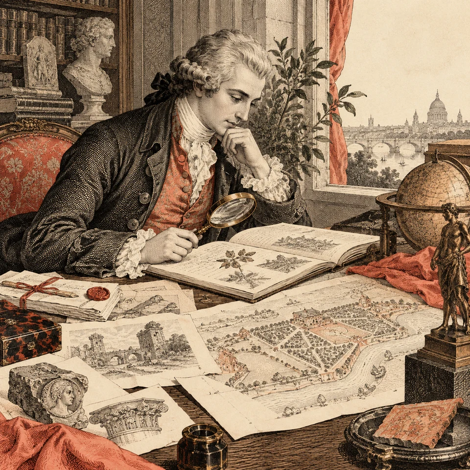 A scholar begins a measured investigation with notes, evidence and a carefully drawn plan.