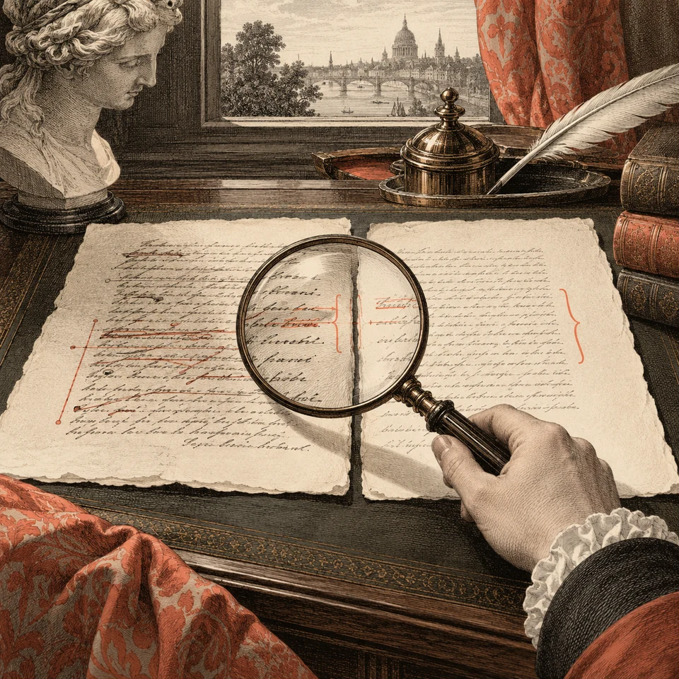 An editor compares an exact source passage with a clearly marked proposed revision.