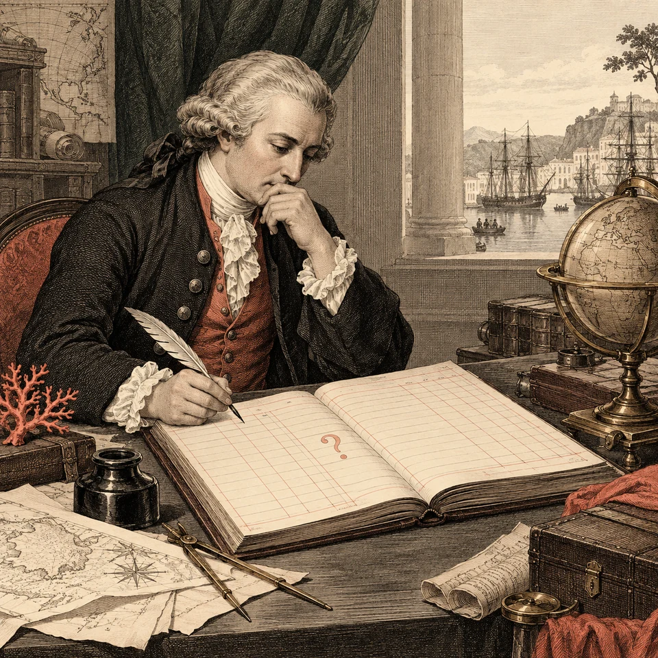 A scholar marks an uncertain point in a ledger rather than filling it by guesswork.