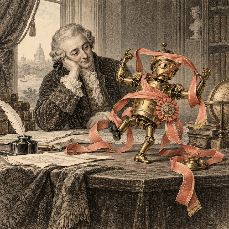 A pompous clockwork apparatus tangles its own ribbon while a calm user is treated respectfully.