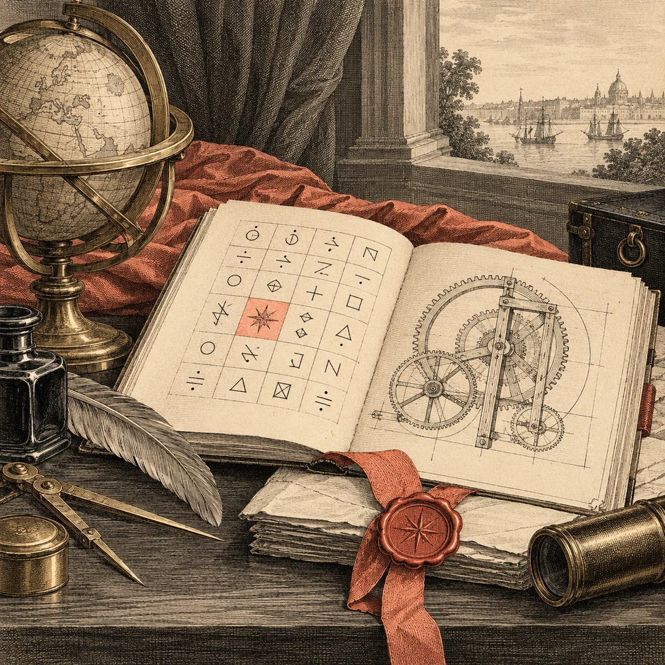 A code ledger pairs modern idiomatic structure with measured period-inflected names.