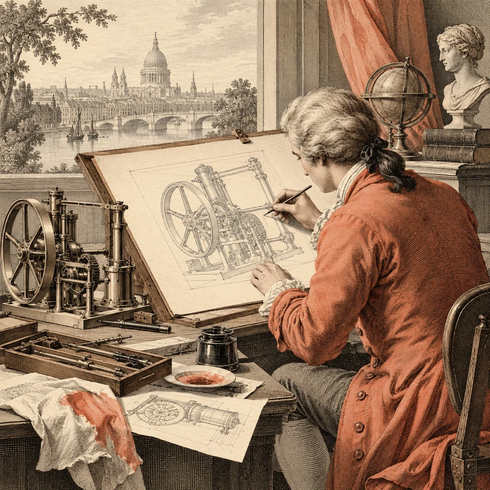 A Georgian copperplate artist studies a modern mechanism without altering its function.