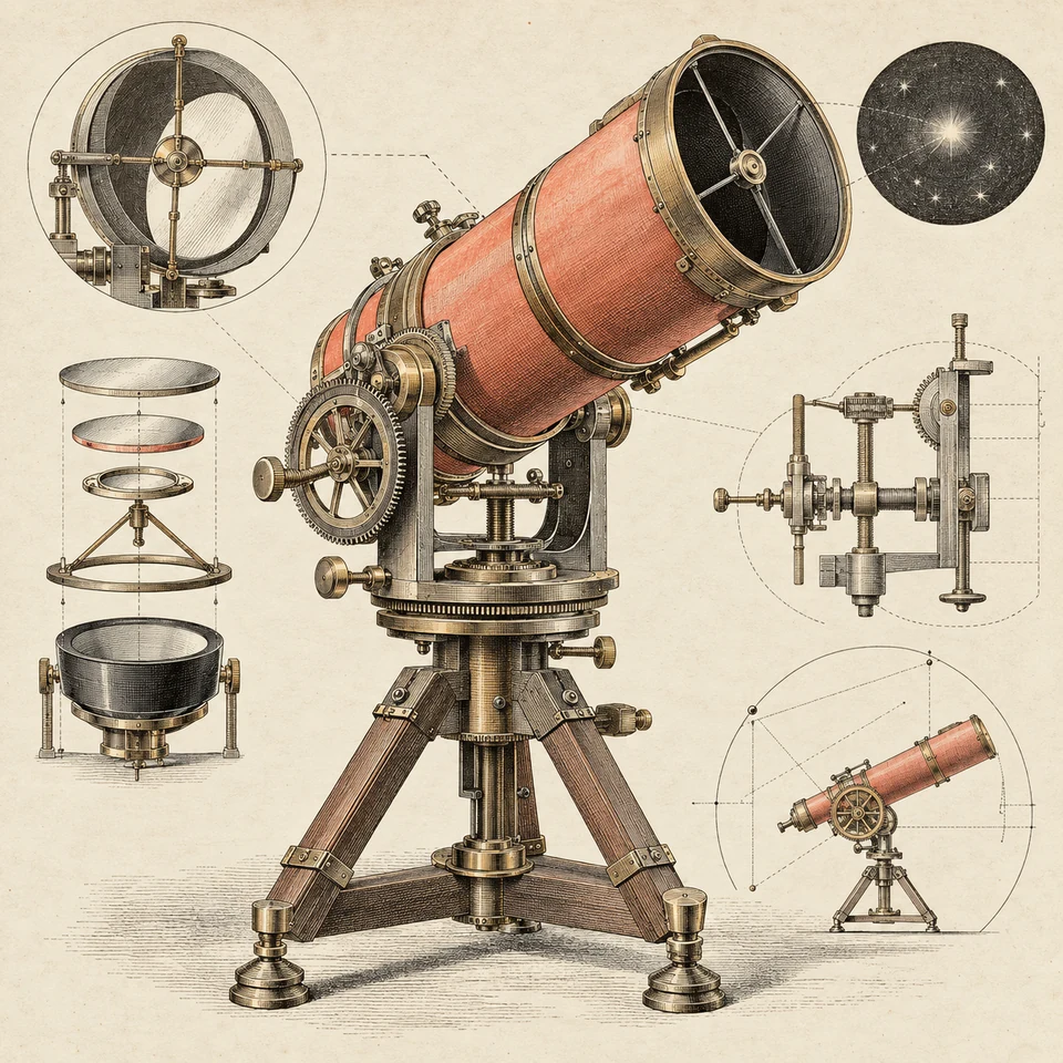 A modern mechanism appears in a historically inspired engraved technical plate.