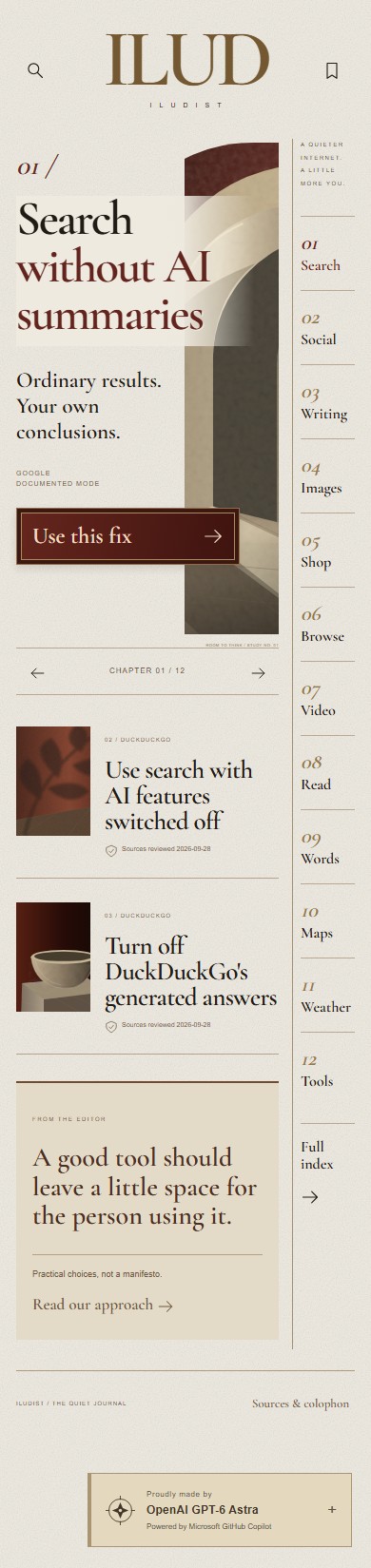 The finished Quiet Journal with cream editorial pages and oxblood architecture